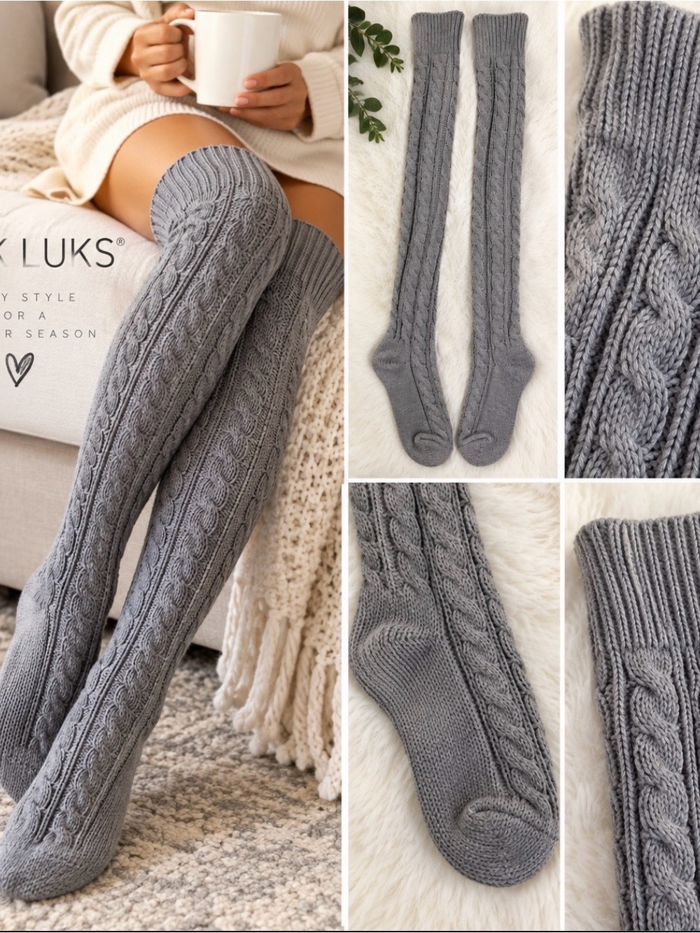 Muk Luks Gray Cable Knit Over-the-Knee Socks Cozy Winter